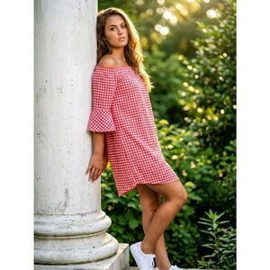 City Streets Red and White Gingham Elastic-Neck Top